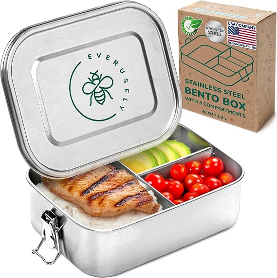 Bento Box - 40 oz - 3 Compartment Bento Box - Metal Lunch Box w/ Lock Clips