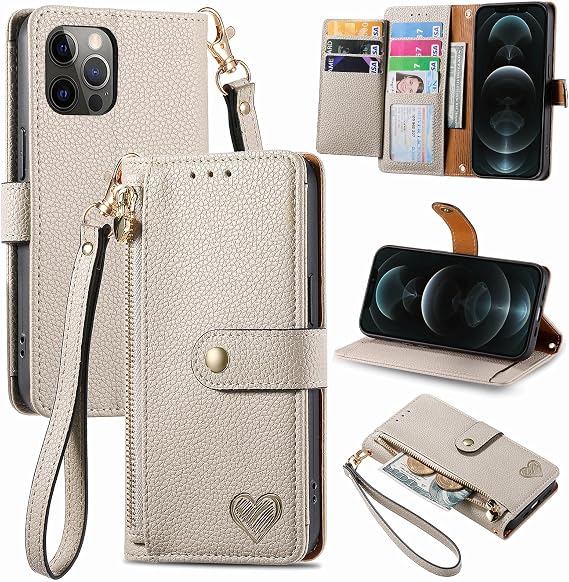 Zipper Wallet Case for Apple iPhone 12 Pro Max Phone Case with Purse Card Holders RFID Blocking Leather Flip Case Book Cover Wrist Strap Women - Gray