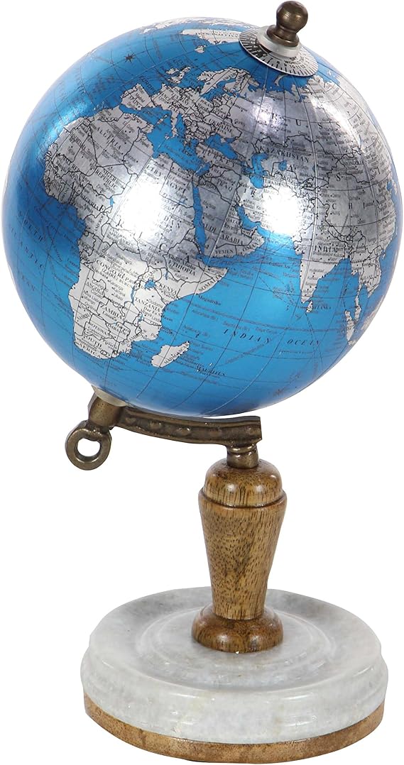 94475 Blue Marble and Resin Globe Decorative Globe,Blue/Silver/White/Brown