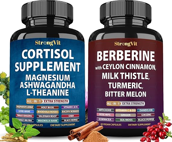StrongVit Cortisol Supplement & Berberine Complex Bundle (120 Capsules)