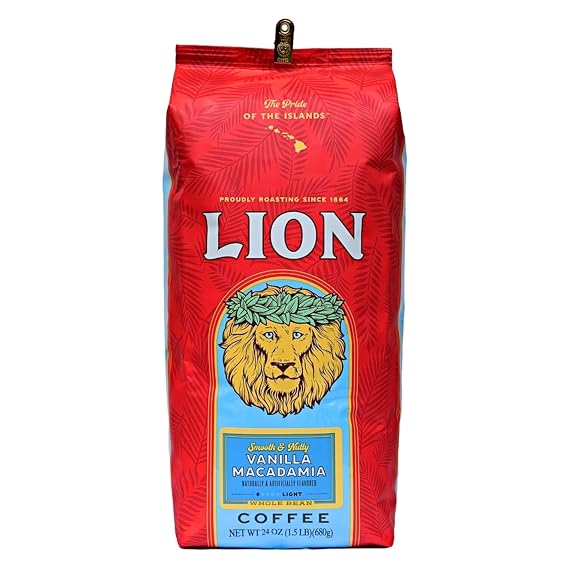 Lion Coffee Vanilla Macadamia Flavor, Arabica Coffee Beans, Light Roast Whole Bean Coffee, A Taste of Aloha, 24 Ounce Bag