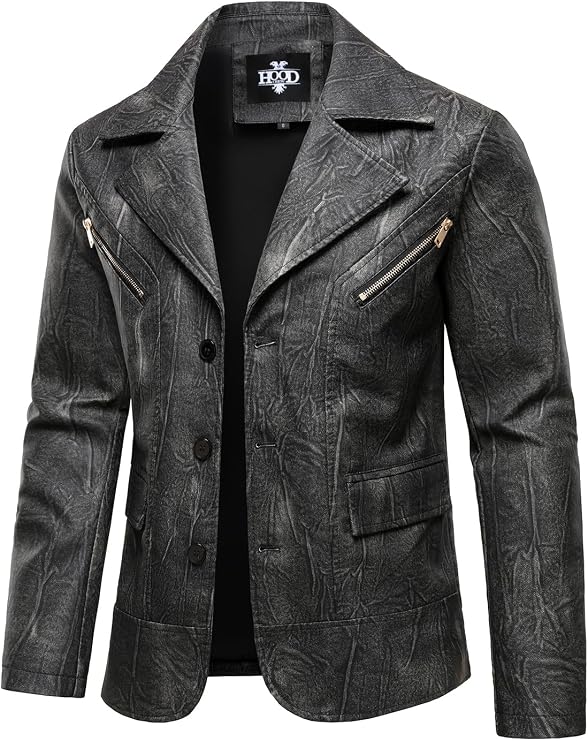 HOOD CREW Mens Casual Leather Blazer Vintage Lightweight Coat Button Closure Style Faux Leather Jackets for Men