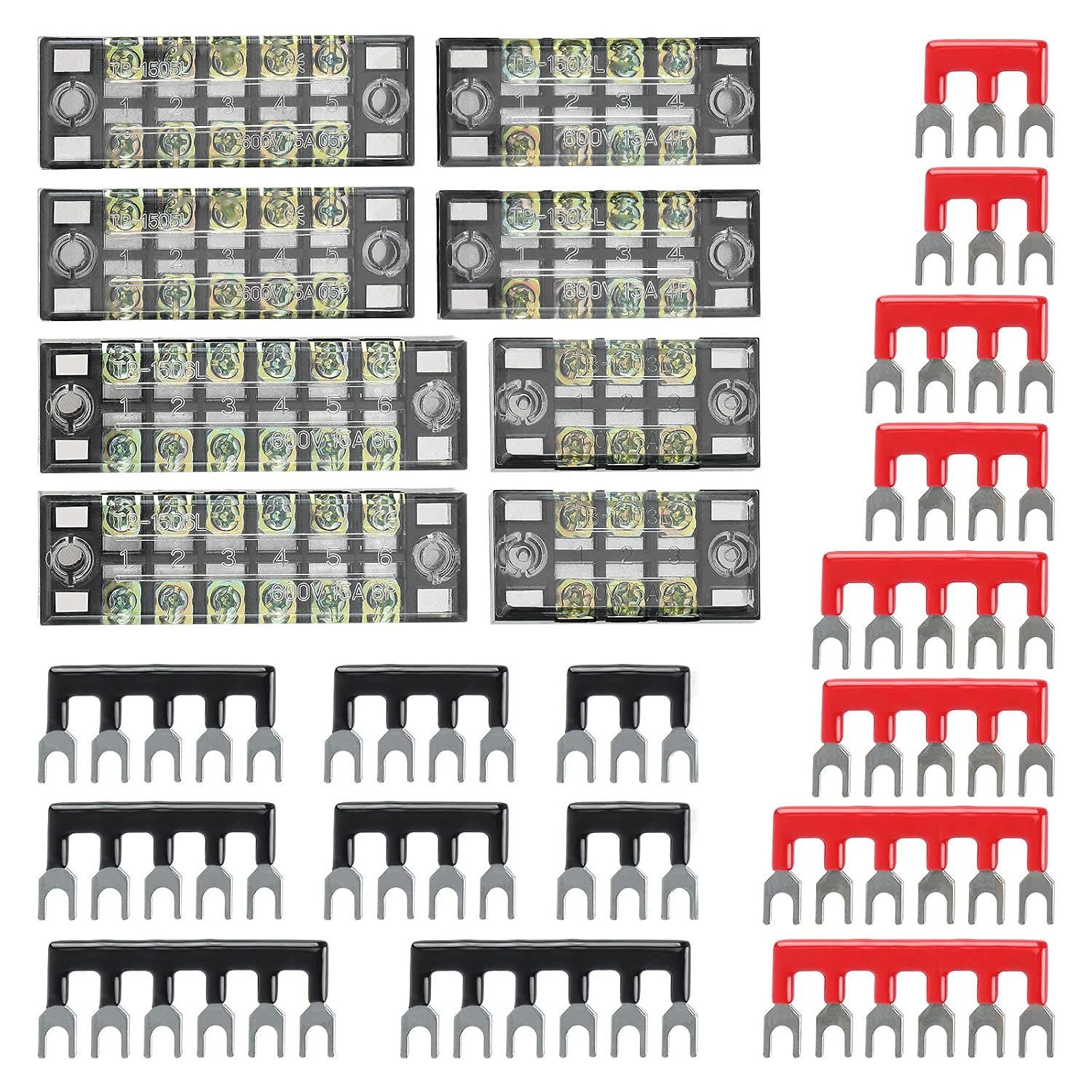 OCR 8 Sets Terminal Blocks, 8 Pcs 3456 Positions 600V 15A Dual Row Screw Terminal Strip Blocks with Cover, 16 Pcs 600V 15A 3456 Positions Pre-Insulated Terminals Barrier Strip Black & Red