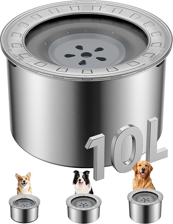 Heouvo 2.6 Gallon No Spill Dog Water Bowl with Slow Drink Floating Disk