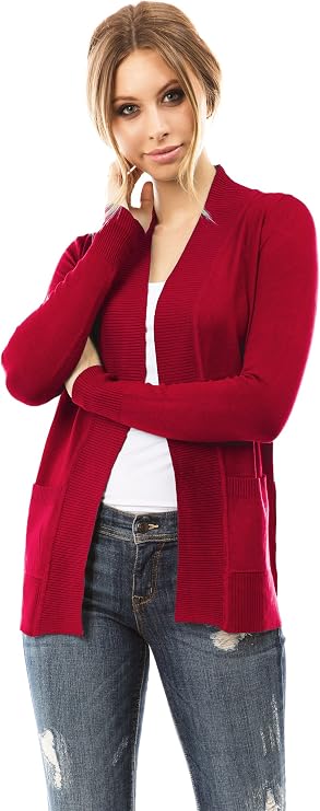 CIELO Open Front Solid Color Long Sleeve Sweater Cardigan, Red, X-Large