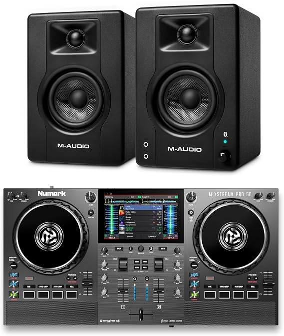 Numark Mixstream Pro Go DJ Controller and M-AUDIO BX3 Pair Bluetooth Studio Monitors for Studio Recording, Music Production, Podcasting, Streaming