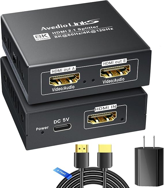 HDMI 2.1 Splitter 1 in 2 Out 8K@60Hz w/ 4ft 8K HDMI Cable, HDCP 2.3 4K@120Hz HDMI Audio Splitter for Soundbar, Support VRR, ALLM, HDR10+, Dolby Vision/Atmos 7.1ch, Down Scaler, 48Gbps for PS5