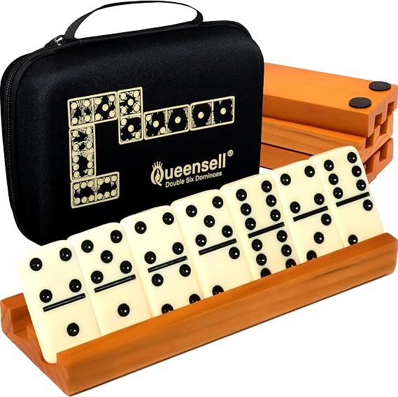 Queensell Dominos Set for Adults with 4 Domino Racks - Double 6 Dominoes Set with Domino Holder, Classic Board Games for Kids and Adults - Double Six Standard Dominos Set 28 Tiles with Travel Case