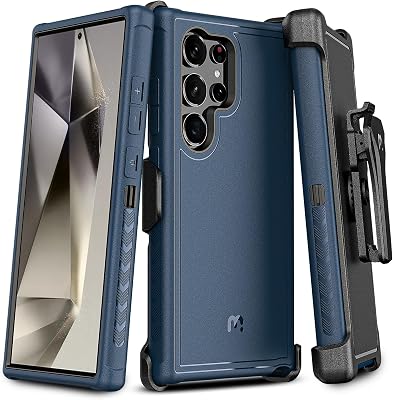 M MYBAT Pro Maverick Series for Samsung Galaxy S24 Ultra Case with Belt Clip Holster, 6.8 inch, Heavy Duty Military Grade Drop Protective Case with 360 Rotating Stand No Screen Protector Blue