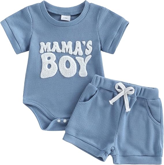 Amiblvowa Newborn 0 3 6 9 12 Months Baby Boy Summer Clothes Tractor Romper Short Sets Waffle Knit 2 Piece Infant Outfits