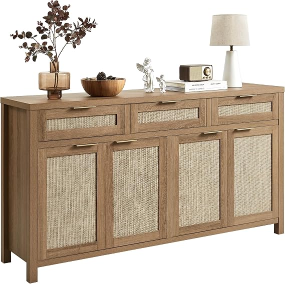 HOKYHOKY 63" Rattan Sideboard Buffet Cabinet, Boho Storage Cabinet | Adjustable Shelves, 4 Doors & 3 Drawers, Farmhouse Credenza, Coffee Bar Cabinets, Living Room, Hallway, Kitchen