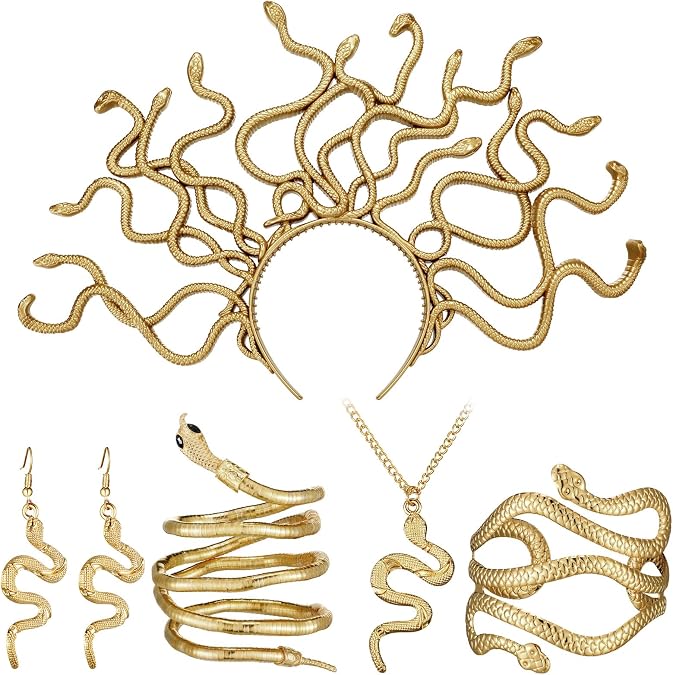 BBTO 5 Pcs Halloween Medusa Snake Costume Medusa Headpiece Headband Necklace Earrings Ring Bracelet for Women Accessories