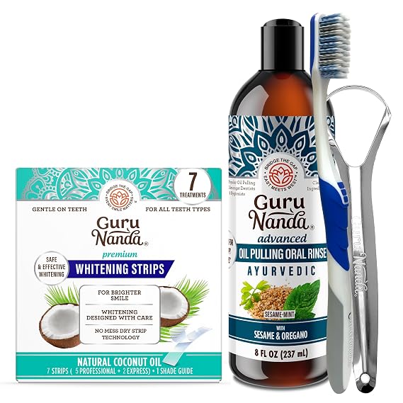 GuruNanda Advanced Oil Pulling with Tongue Scraper & Teeth Whitening Strips - 7 Treatments with 14 Strips - Enamel-Safe Strips for Sensitive Teeth