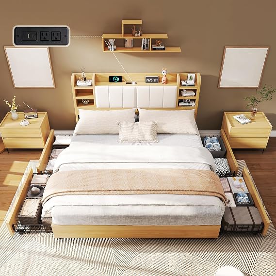 LUXOAK Full Bed Frame with 3-Tier Storage/Bookcase Headboard, Upholstered Platform Bed with 4 Storage Drawers & Charging Station, Noise-Free/Metal Slats Support/No Box Spring Needed, Rustic Maple