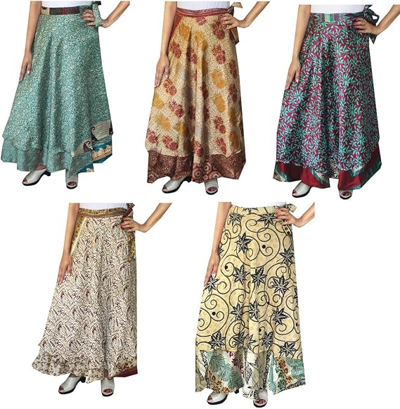 Maple Clothing Women's Indian Vintage Sari Skirts Magic Wrap Around Long Silk Boho Two Layers Multicolored Wholesale 5 Pcs Lot