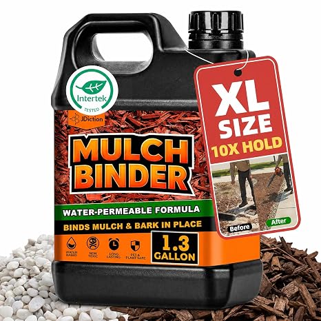 JDiction Mulch Binder for Landscaping - 1.3 Gallon Intertek Certified Safe Gravel Binder, Gravel Glue for Landscaping for Rubber Mulch, Pebbles & Stone, Landscape Glue, Water Permeable, Lasts 2 Years