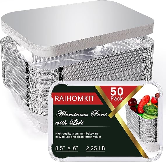 50 Pack Aluminum Pans With Lids, Disposable Foil Pans, 2.25 LB