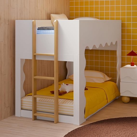 babyletto Kids Lido Wave Convertible Low-Profile Bunk Bed in White and Honey