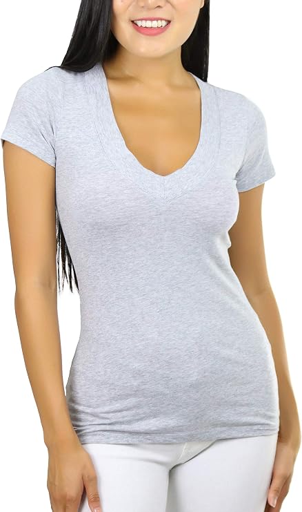 ToBeInStyle Women's Basic Short Sleeve Wide Band V-Neck Tee