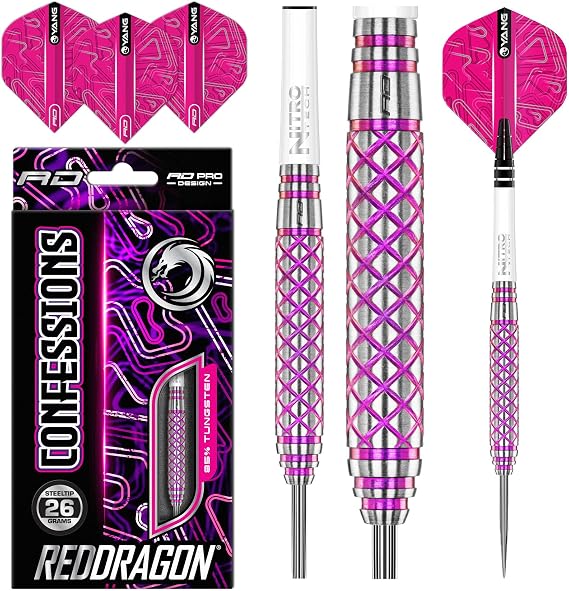 RED DRAGON Confession Steel Tip Darts Set - 85% Tungsten Darts with Nitrotech Shafts & Flights - Balanced Control & Consistent Throws - Available in Weights from 26g to 30g