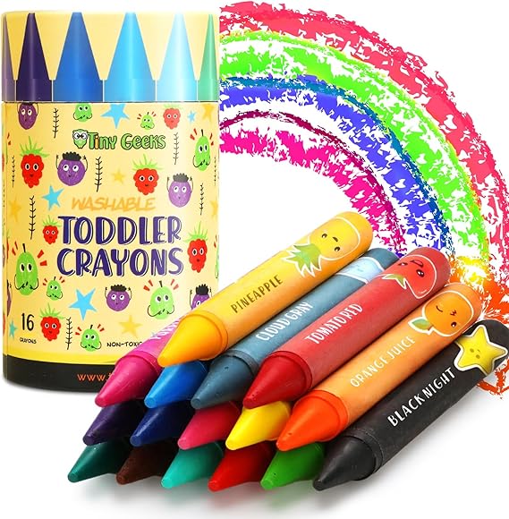 TinyGeeks 16 Colors Jumbo Crayons - Non-Toxic & Washable Crayons for Toddlers Ages 1-3 & Kids Ages 4-8 - Easy-to-Hold - Large - Great for Travel with Toddlers 2-4 Years