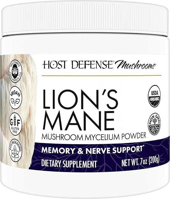 Host Defense Lion's Mane Powder, Brain Health, 7 oz | Brain Health Supplement, Mushroom Supplement to Support Mental Clarity, Focus, and Memory Function, 133 Servings