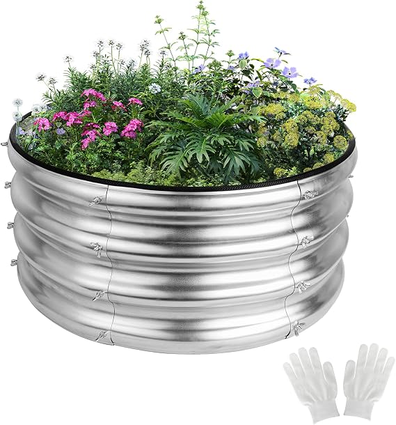 2x2x1ft Round Galvanized Raised Garden Bed Kits, Raised Garden Bed Metal Planter Outdoor Easy Assembly Garden Bed for Planting Vegetables, Fruits & Flowers, Sliver
