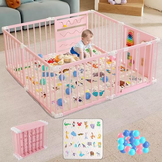 Foldable Wooden Baby Playpen with Soft Play Mat & Gate