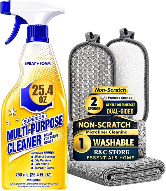 R&C Store Essentials Home Cleaning Bundle Kit, Includes Multi-Purpose More Spray and Foam Cleaner 25.4 oz + 2 Dual Scrub Sponges, Kitchen & Bathroom Cleaning Set