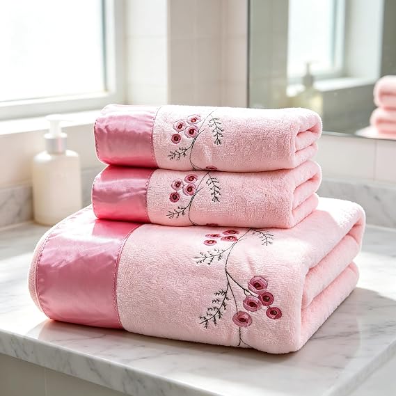 ABREEZE Pink Plum Blossom-Embroidered Bath Towel Set, 3 Pieces,Soft, Skin-Friendly and Water-Absorbent, Mother's Day and Valentine's Day Gift(1 Bath Towel,2 Hand Towels)