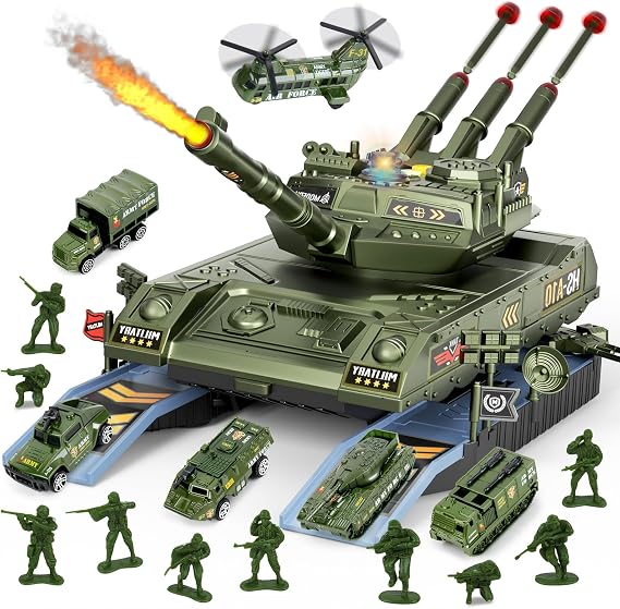 Army Tank Toys for Boys 3 4 5 6 7 8 Years Old, Military Toys Playset | 10 Army Men Toy Soldiers & 6 Mini Die-Cast Cars Helicopter, Kids Christmas Birthday Gifts Present for Boys Age 3+