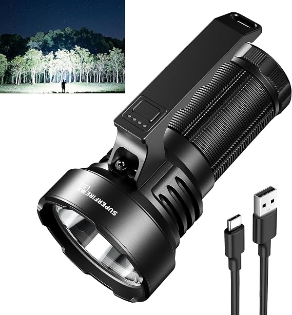 SuperFire Rechargeable Spotlight Flashlight, 6000 Lumens Super Bright High Powered Flashlight with 1969ft Beam, 12-Hour Runtime & USB-C Charging for Outdoor Camping, Emergency, Car Repair and Security