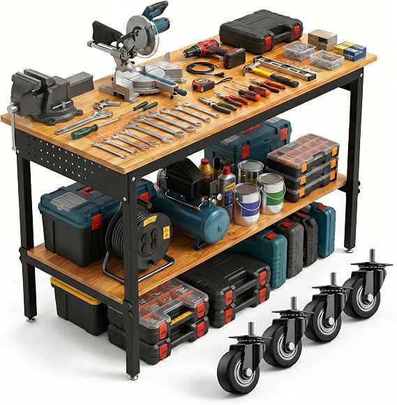 Double Layer 60 Inch Adjustable Workbench for Garage with Storage