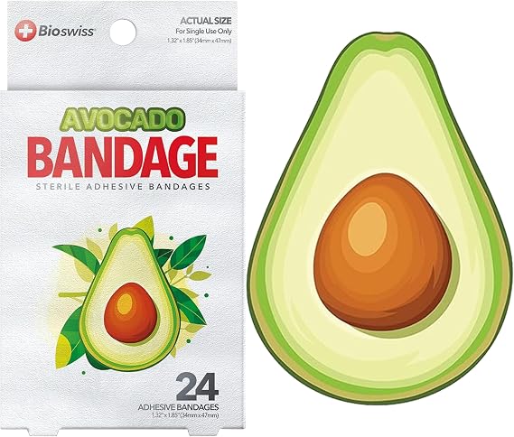 BioSwiss Bandages, Avocado Shaped Self Adhesive Bandage Set, Latex Free, Sterile Wound Care, 24 Count