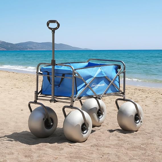 Beach Cart with 13'' Balloon Wheels, Beach Wagon with Big Wheels for Sand, Folds Thin with Quick-Release Forks, Heavy Duty 300 lbs Capacity (Blue)