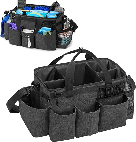 LoDrid Wearable Cleaning Caddy Bag with 4 Foldable Dividers, Black