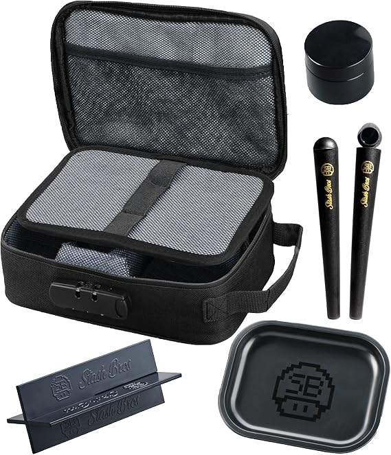 Stash Bros Smell Proof Bag with Accessories | Smell Proof Container Stash Box with 2 Doob Tube, Rolling Tray Bundle Smell Proof Box with UV Jar & 2 air Tight Storage containers