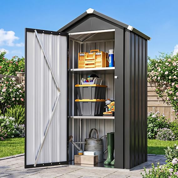 Aoxun Vertical Outdoor Storage Cabinet 2.5x2 with Floor & Shelves Black | 21 Cu.Ft Weatherproof Metal Tool Shed with Space-Saving Design for Garden, Garage, Patio