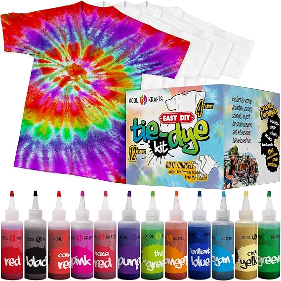 KOOL KRAFTS Tie Dye Kit, All-Inclusive with 12 Vibrant Colors, + 4 White T-Shirts - Perfect for Kids & Adults - Fun Tie Dye Party Supplies, Tie Dye Kits for Children Age 8-12, Tie Dye Kit.