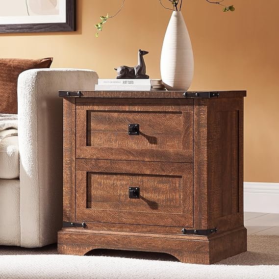 T4TREAM 24" Farmhouse Nightstand with Charging Station, Large End Table with 2 Storage Drawers, Rustic Wood Sofa Bedside Table for Bedroom, Reclaimed Barnwood Color