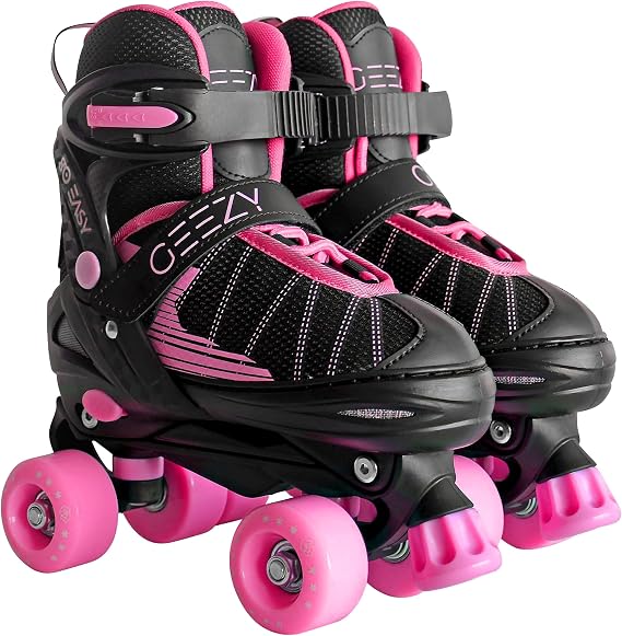 GEEZY Kids Roller Skates for Girls Adjustable Roller Skates for Boys 4 Wheel Quad Skates Black & Pink Adjustable Sizes