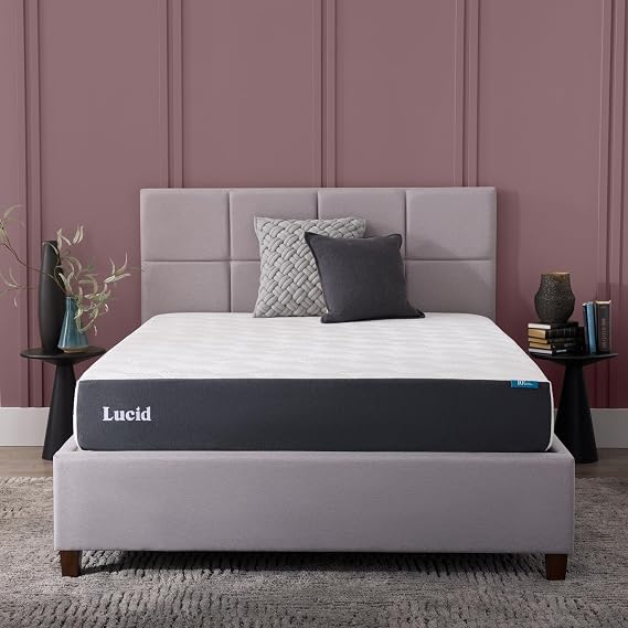 Lucid 10" Plush Gel Memory Foam Mattress Bamboo Charcoal & Cooling Gel Fiberglass Free Bed in a Box CertiPUR-US Certified Queen Size
