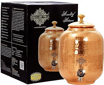 Indian Art Villa Pure Copper Water Pot With Brass Lid Tank Dispenser Storage Water|Volume 135 OZ
