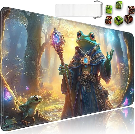 for MTG Game Playmat - 24 x 14 inches with Dices and Storage Bags, Non-Slip Base for TCG and Board Game Card Mats, Trading Card Games Mat, Frog Wizard Pattern Collectible Card Playmats