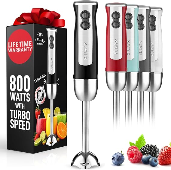 Zulay Kitchen Immersion Blender 800W Hand Blender with Turbo Mode, Stainless Steel Stick Handheld Blender for Soups, Smoothies, Sauces, Purees & Baby Food, BPA-Free (Black)