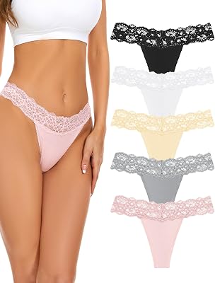 voenxe Seamless Thong for Women,No Show Lace Underwear,Ladies Cotton Blend Breathable Panties,Comfort Soft Undie,Tanga,5-Pack