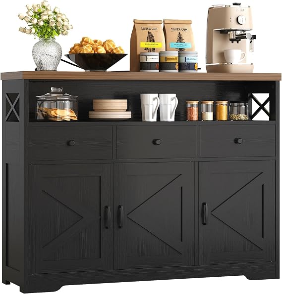IRONCK Sideboard Kitchen Cabinet with Power Outlets, 107x35x95cm, Black | Storage Cupboard with USB-C Port & 3 Drawers & 3 Doors, Adjustable Shelves, Buffet Table for Dining Room Living Room Hallway