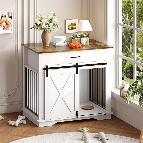 Farmhouse Style Dog Crate Furniture 37.8 x 23.62 x 34.25in, Indoor Wooden Dog Kennel with Sliding Barn Door, Buffet Cabinet with Storage Drawer & Pet Cage House Side Table for Small Medium Large Dogs