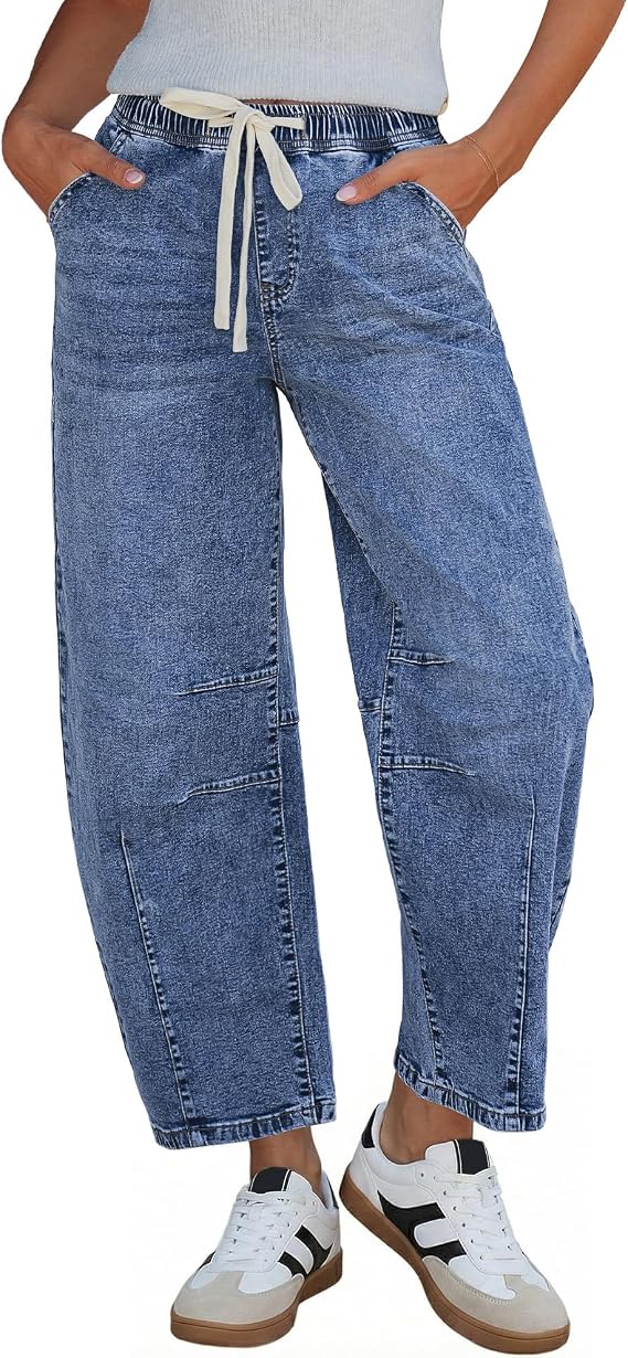 GRAPENT Barrel Jeans Women High Rise Pull On Elastic Waist Crop Denim Pants