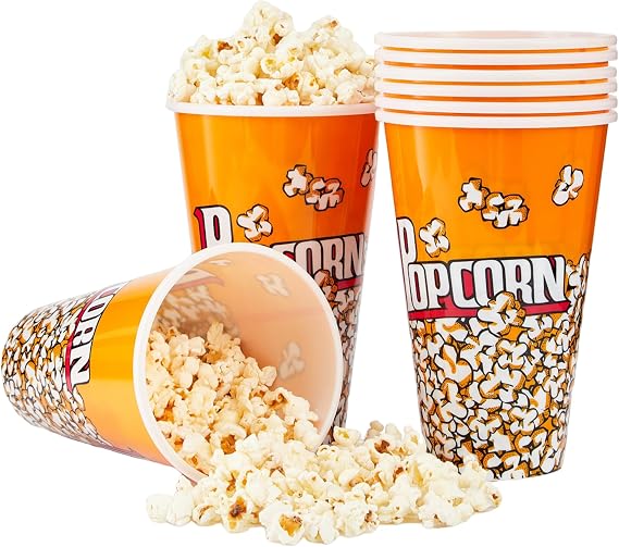 RAYMEA Plastic Popcorn Containers Retro Style 32oz Reusable Popcorn Buckets for Movie Night-8 Pack